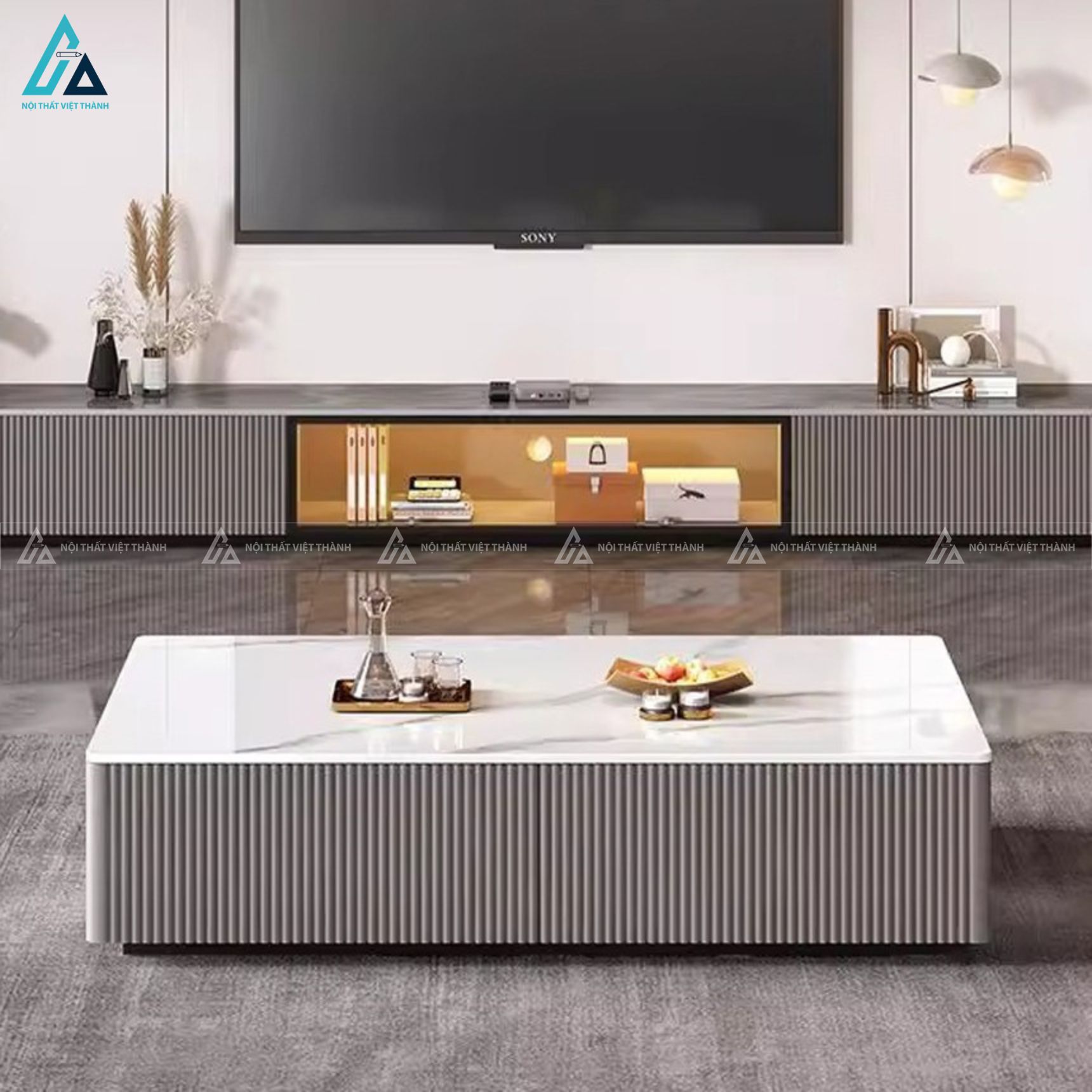 Kệ tivi gỗ công nghiệp thiết kế lam sóng có đèn led sang trọng 5