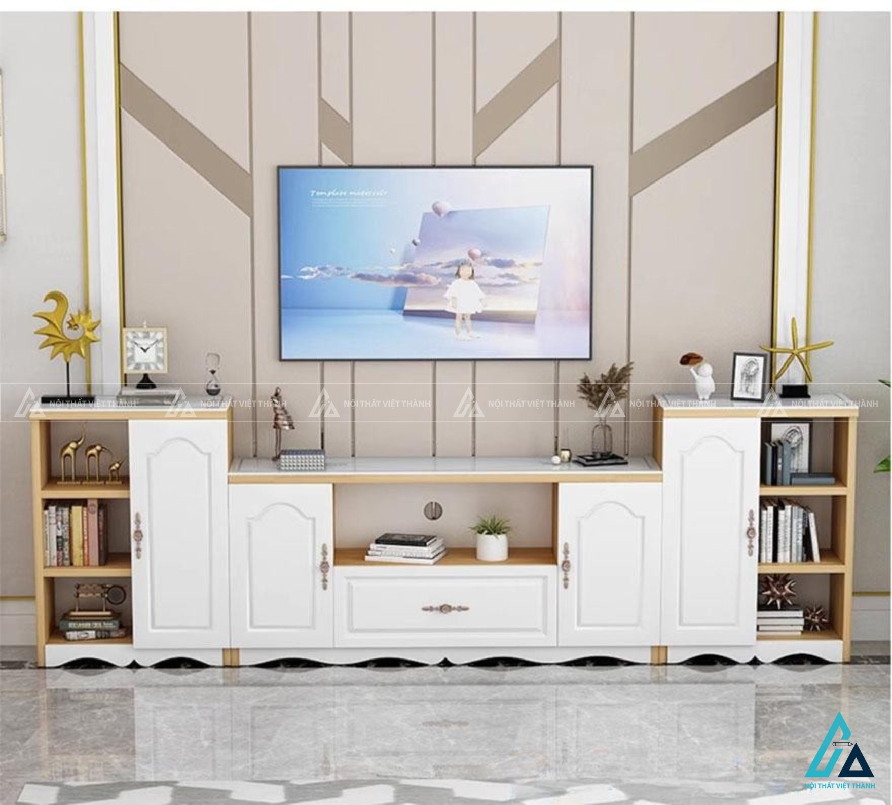 Kệ tivi gỗ công nghiệp hiện đại thiết kế kết hợp tủ trang trí 4