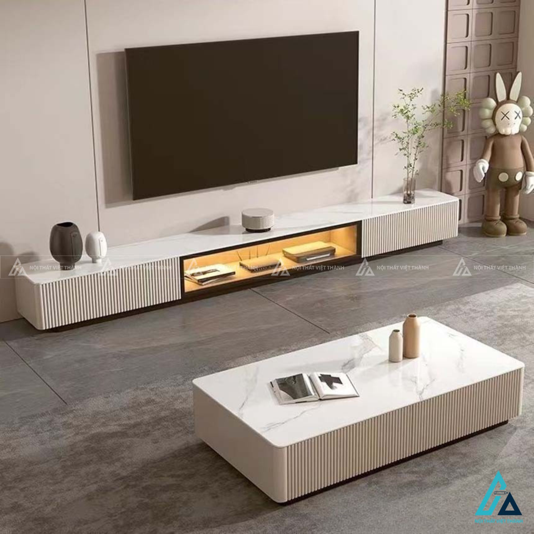 Kệ tivi gỗ công nghiệp thiết kế lam sóng có đèn led sang trọng 6