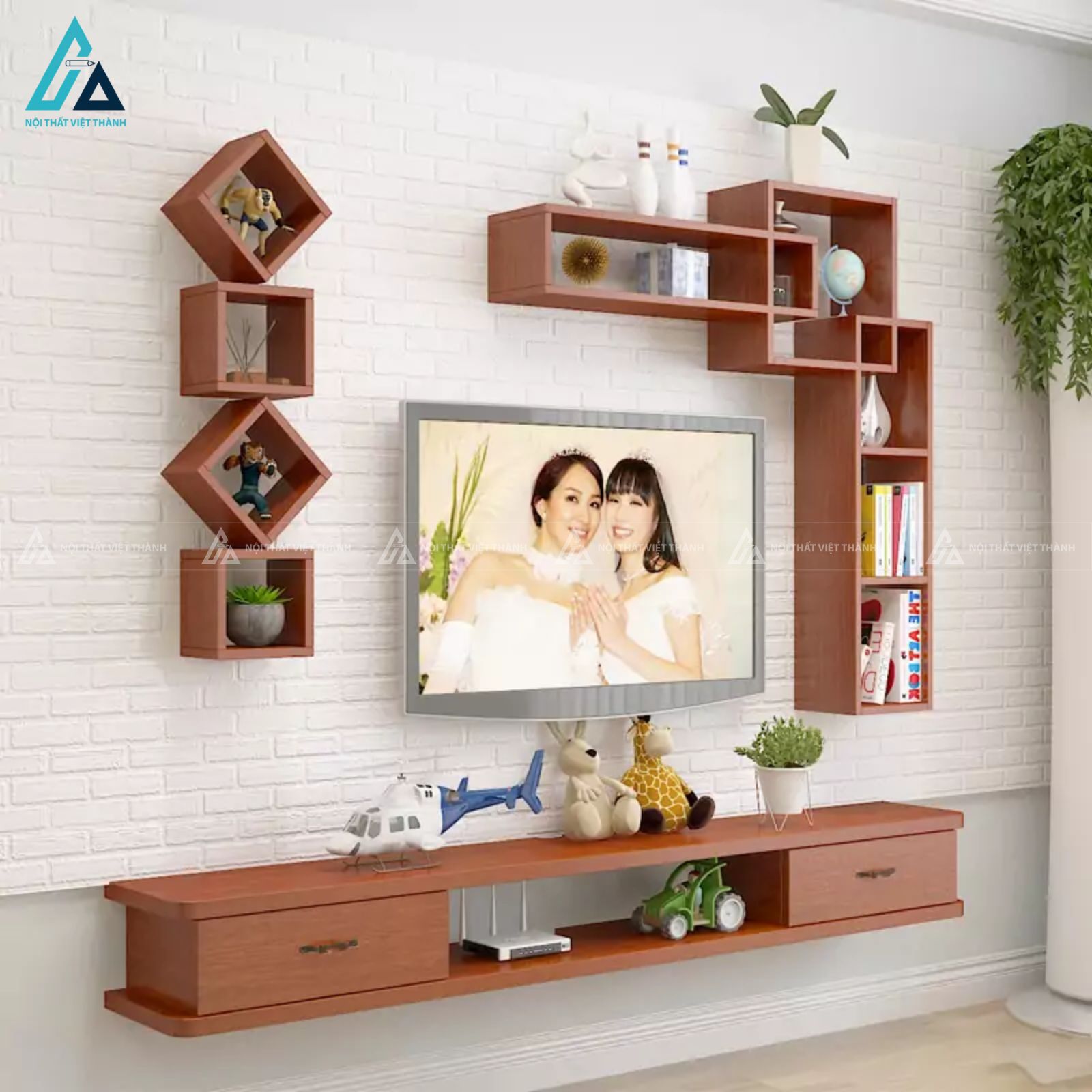 Kệ tivi treo tường kết hợp kệ trang trí đa năng cho phòng khách 5
