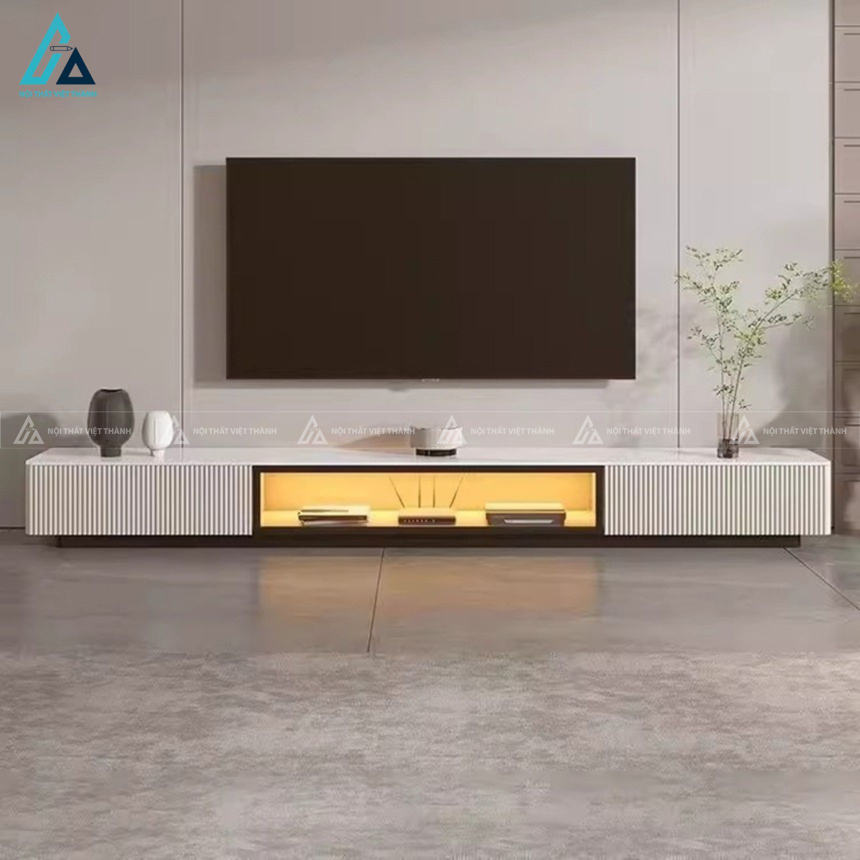 Kệ tivi gỗ công nghiệp thiết kế lam sóng có đèn led sang trọng