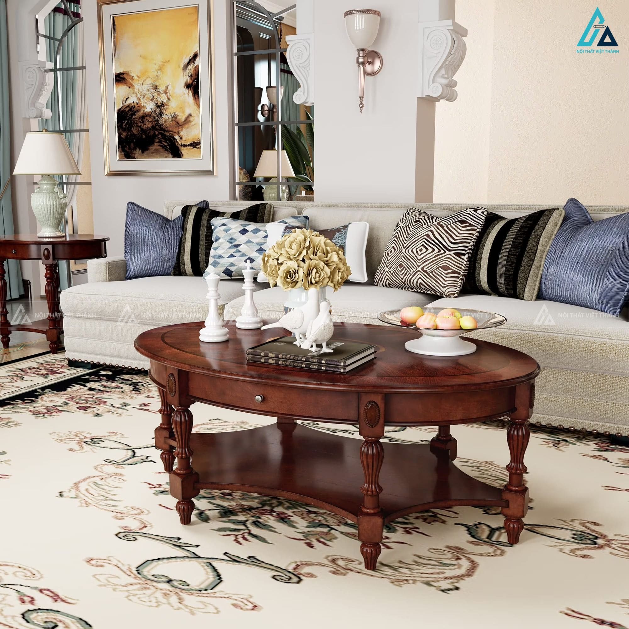 Bàn trà hình oval cổ điển có ngăn kéo tiện lợi cho phòng khách 2