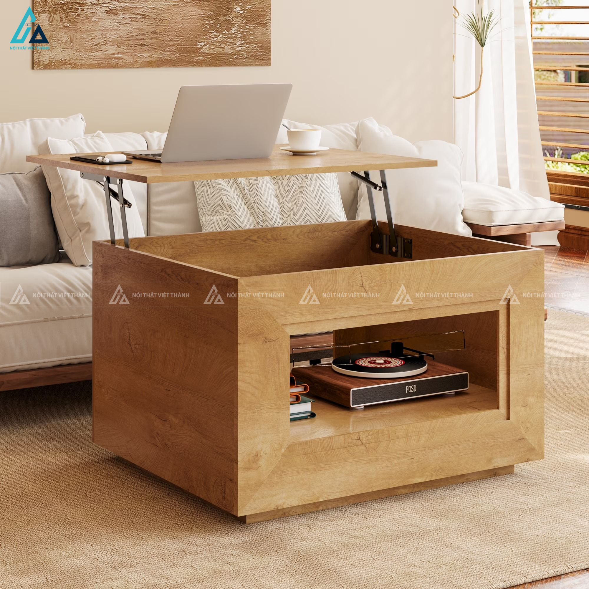Bàn trà hình khối tích hợp đèn led trang trí không gian sang trọng