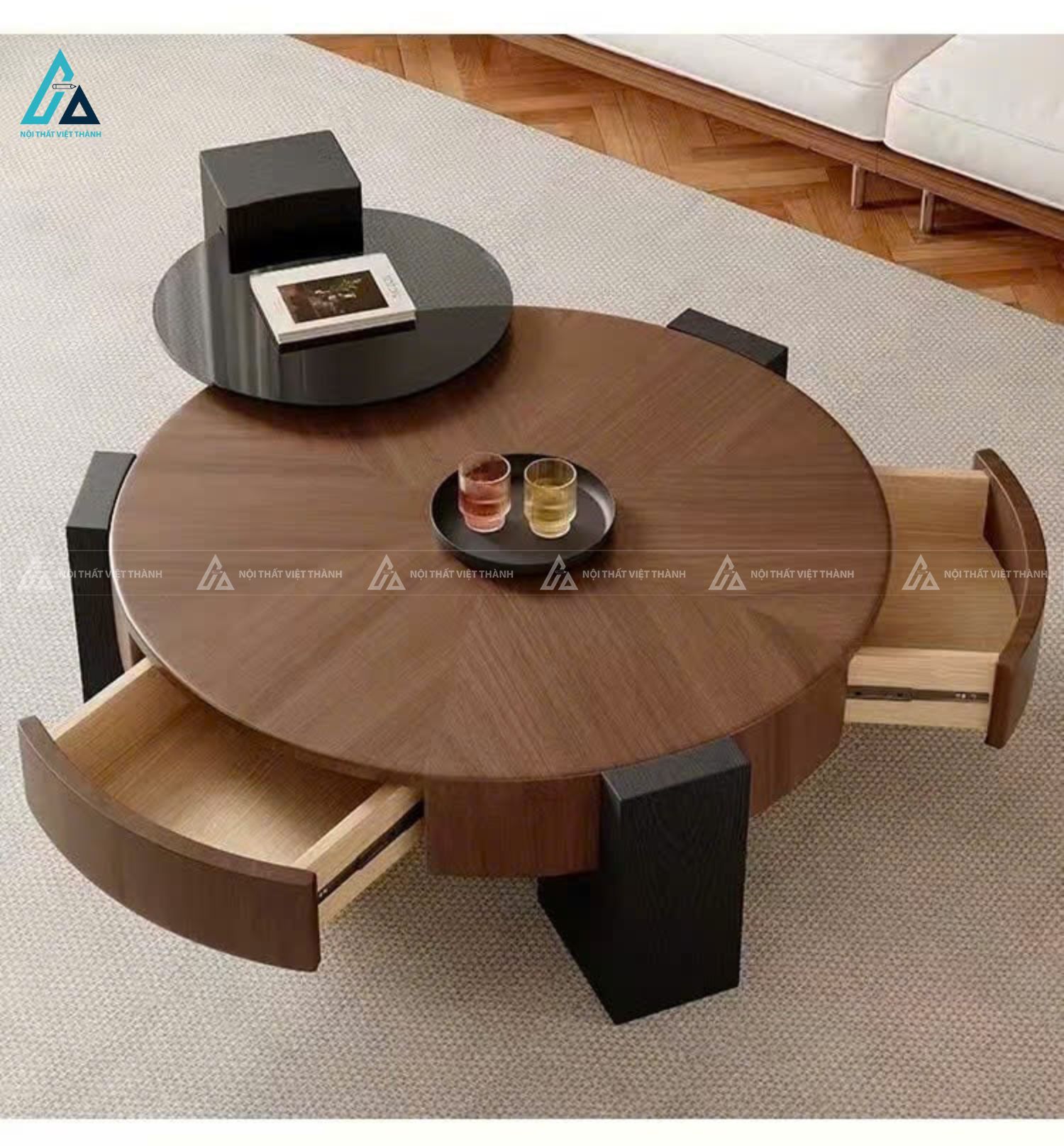 Bàn trà tròn thông minh thiết kế phân tầng độc đáo hiện đại