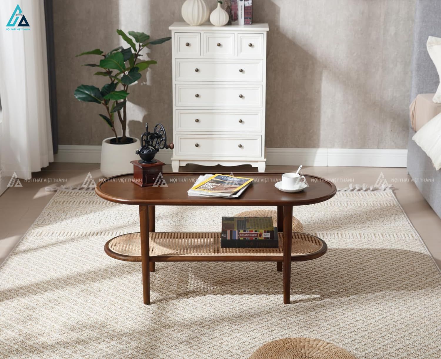 Bàn trà hình oval kết hợp kệ để đồ đan mây tinh tế hiện đại 1