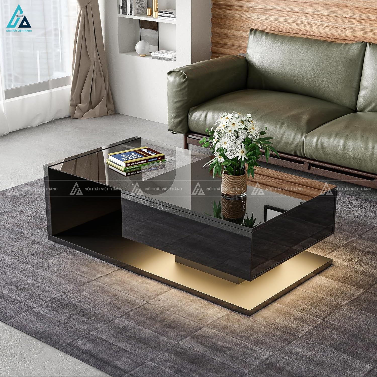 Bàn trà mặt kính cường lực kết hợp chân đế kim loại sang trọng