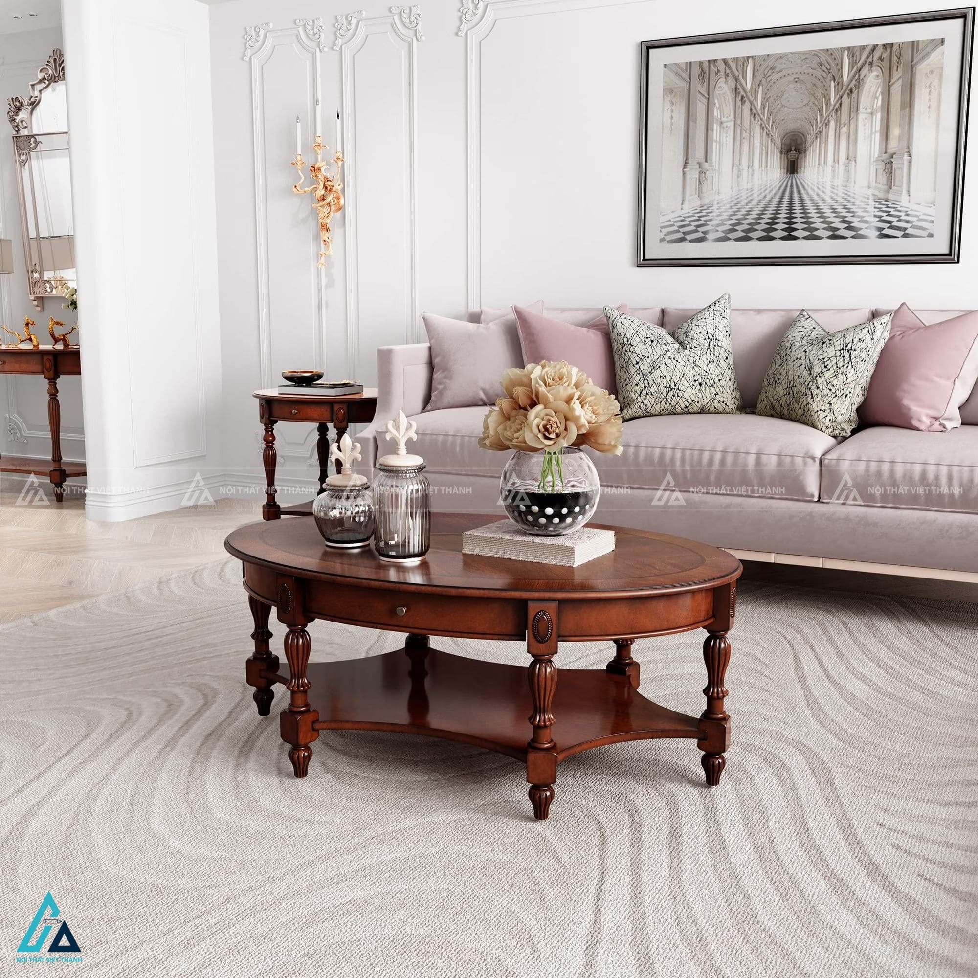 Bàn trà hình oval cổ điển có ngăn kéo tiện lợi cho phòng khách 3