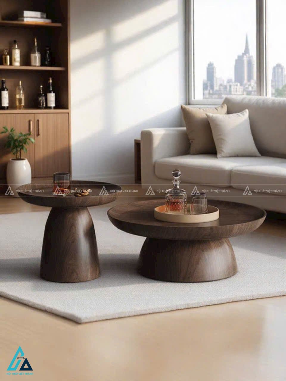 Bàn trà gỗ hình tròn thiết kế chân đế vững chãi hiện đại 1