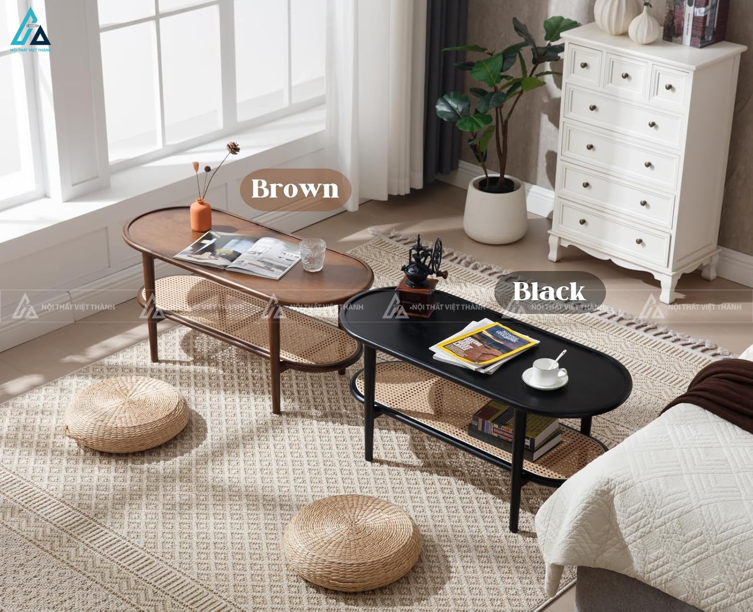 Bàn trà hình oval kết hợp kệ để đồ đan mây tinh tế hiện đại 2