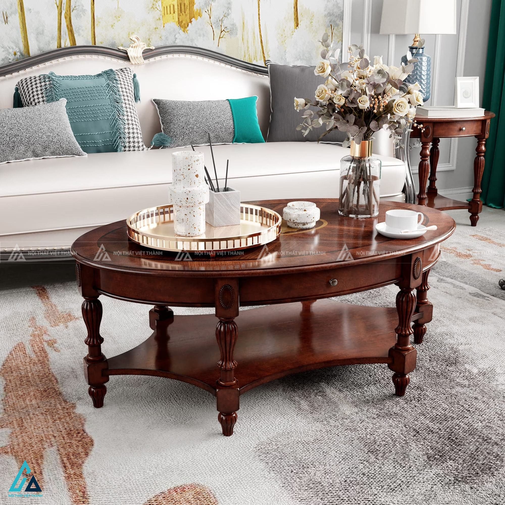 Bàn trà hình oval cổ điển có ngăn kéo tiện lợi cho phòng khách 4
