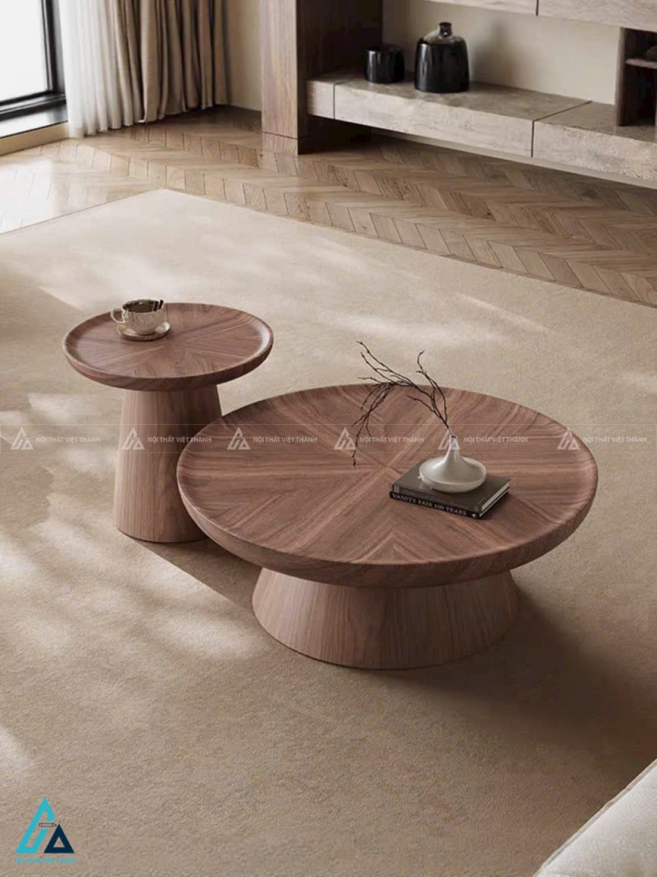 Bàn trà gỗ hình tròn thiết kế chân đế vững chãi hiện đại 2