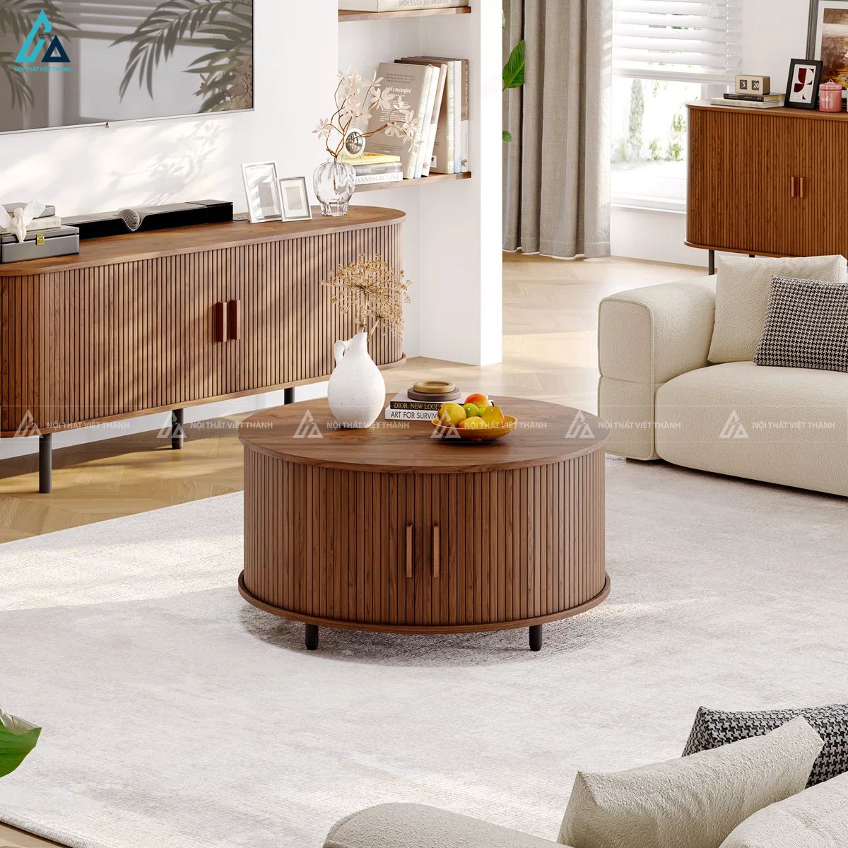 Bàn trà tròn thiết kế nan gỗ sang trọng có ngăn chứa đồ ẩn 2
