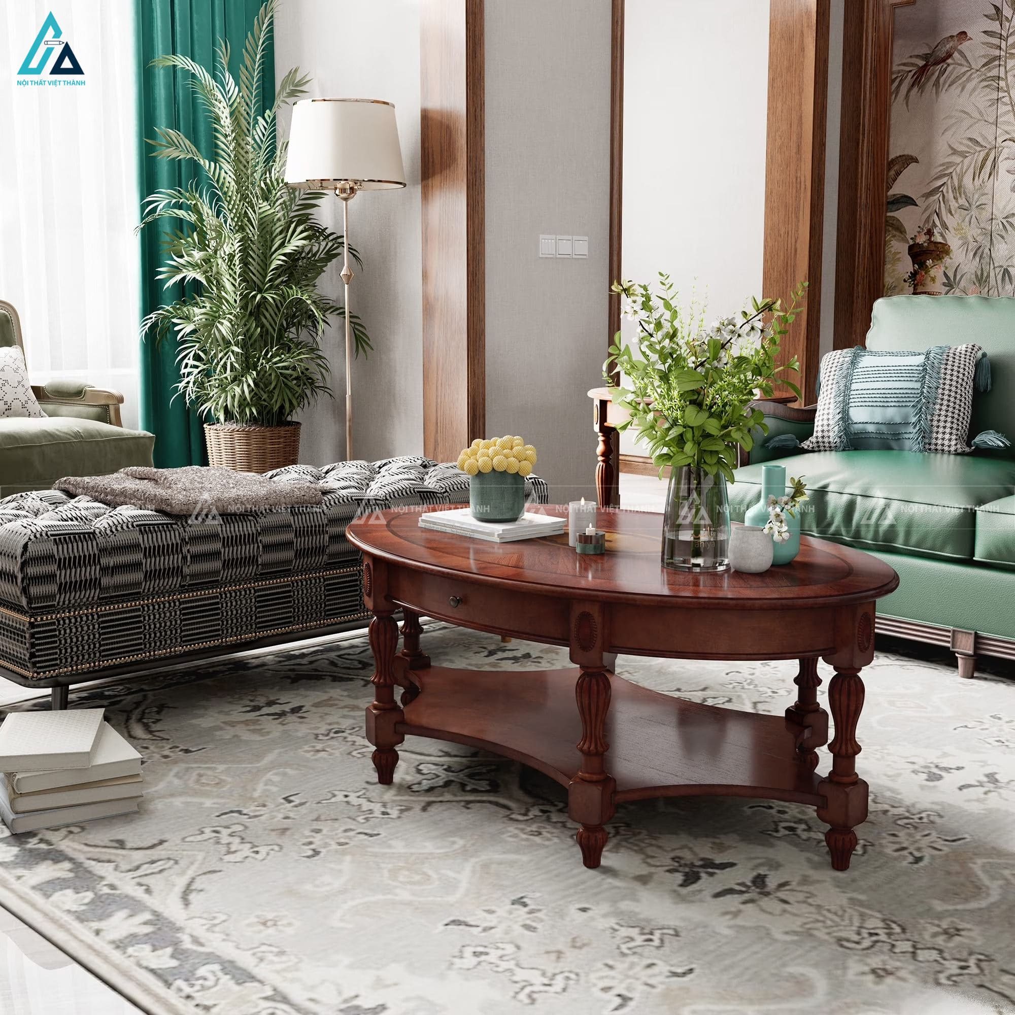 Bàn trà hình oval cổ điển có ngăn kéo tiện lợi cho phòng khách 5