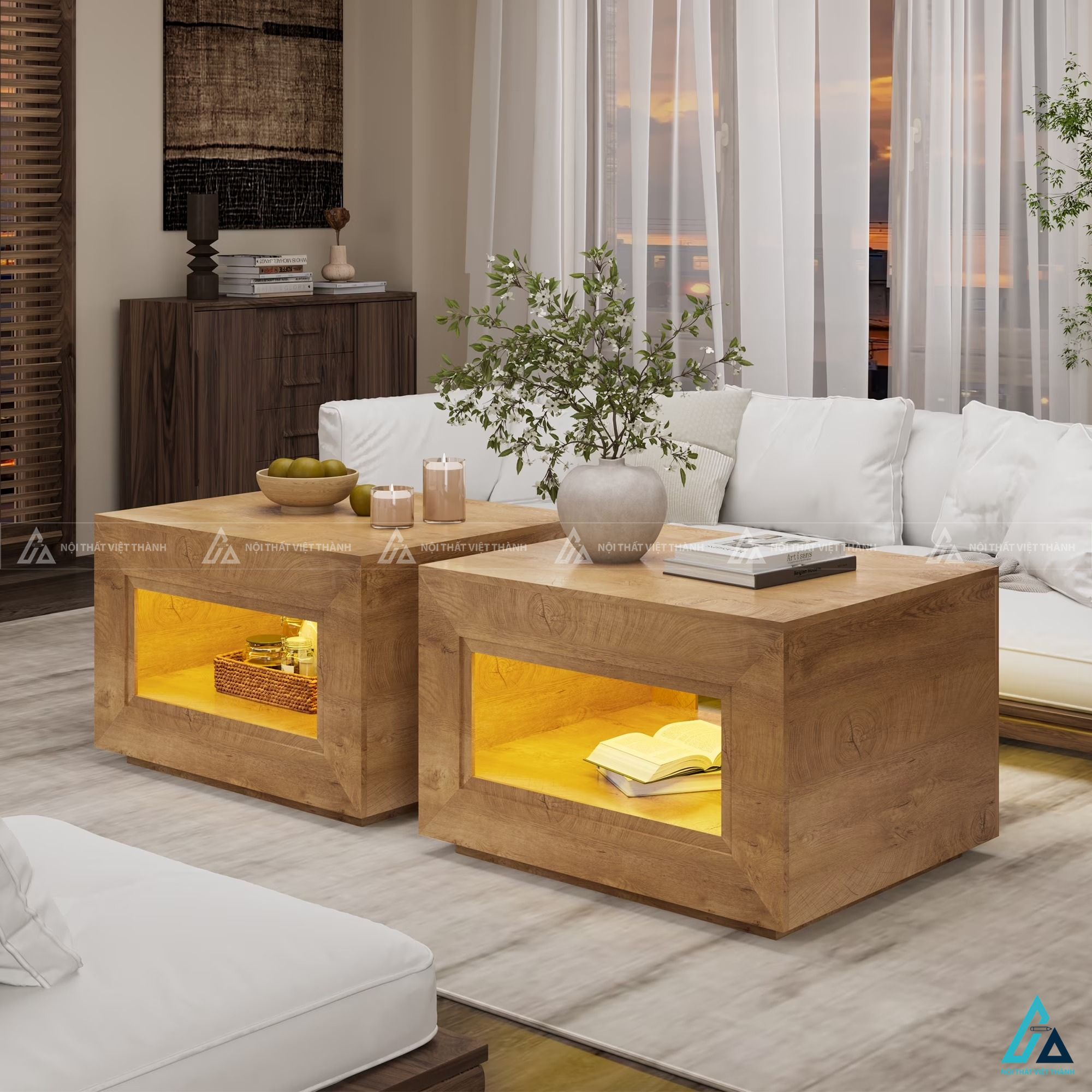 Bàn trà hình khối tích hợp đèn led trang trí không gian sang trọng 3