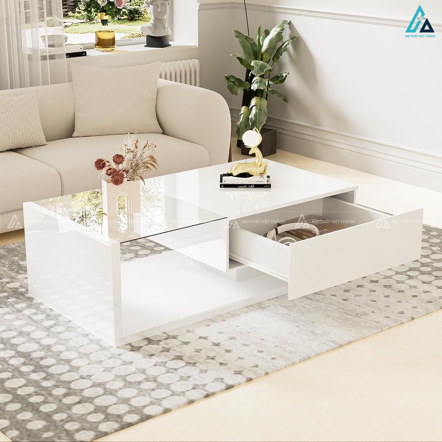 Bàn trà mặt kính cường lực kết hợp chân đế kim loại sang trọng 3