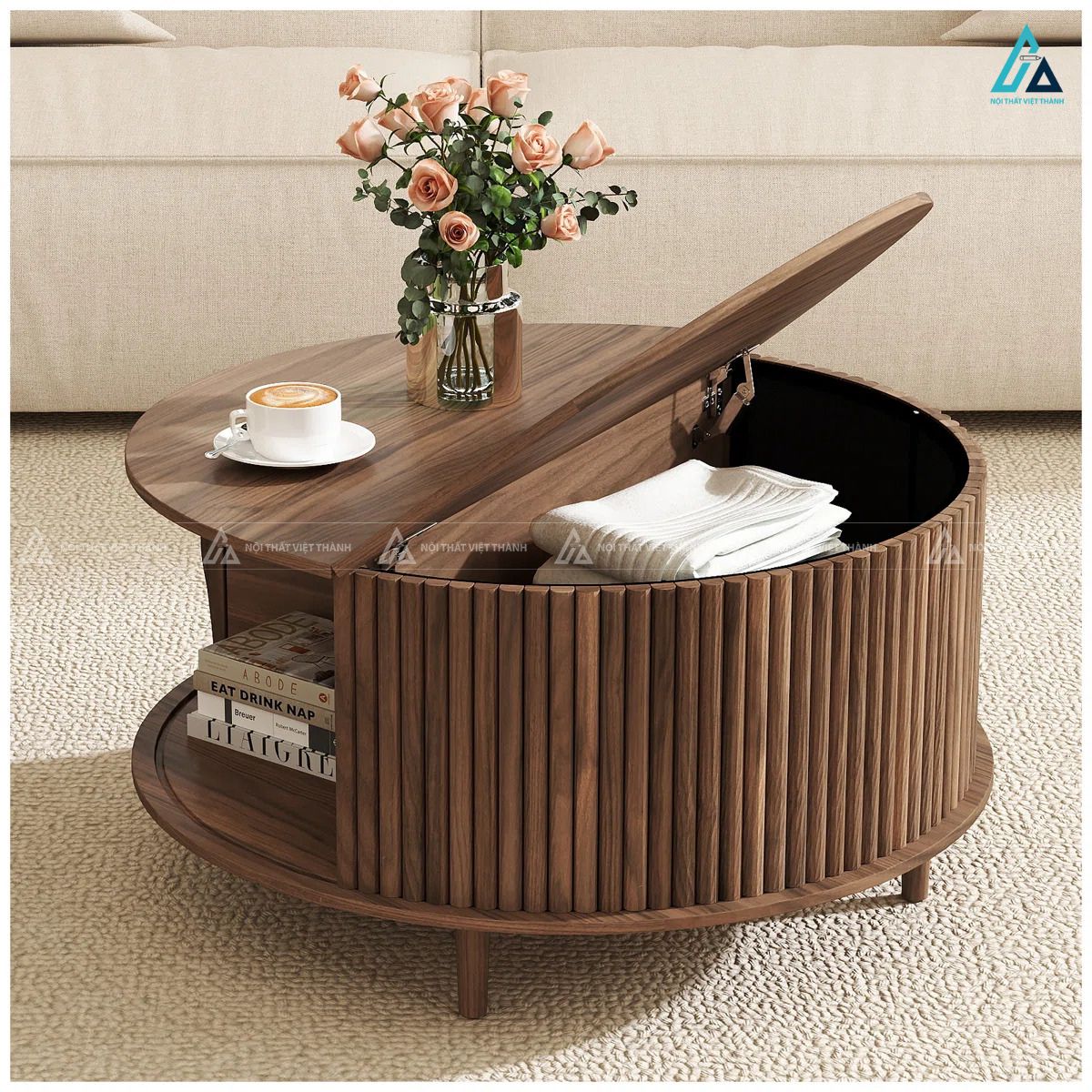 Bàn trà tròn nan gỗ kết hợp ngăn kệ mở tiện dụng sang trọng 4