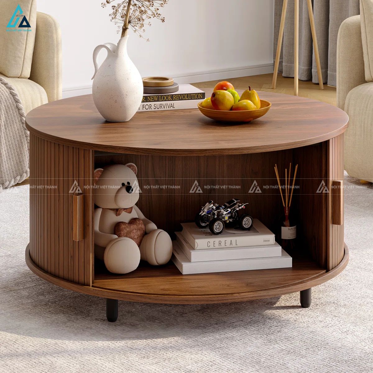 Bàn trà tròn thiết kế nan gỗ sang trọng có ngăn chứa đồ ẩn 3