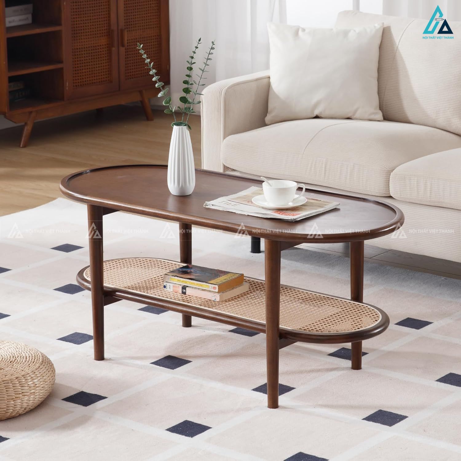 Bàn trà hình oval kết hợp kệ để đồ đan mây tinh tế hiện đại