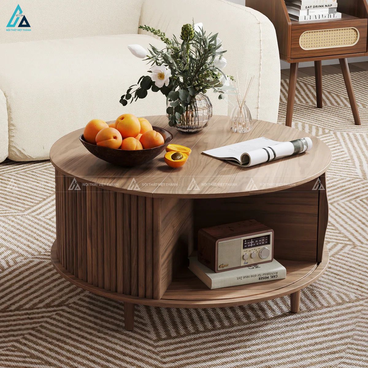 Bàn trà tròn nan gỗ kết hợp ngăn kệ mở tiện dụng sang trọng