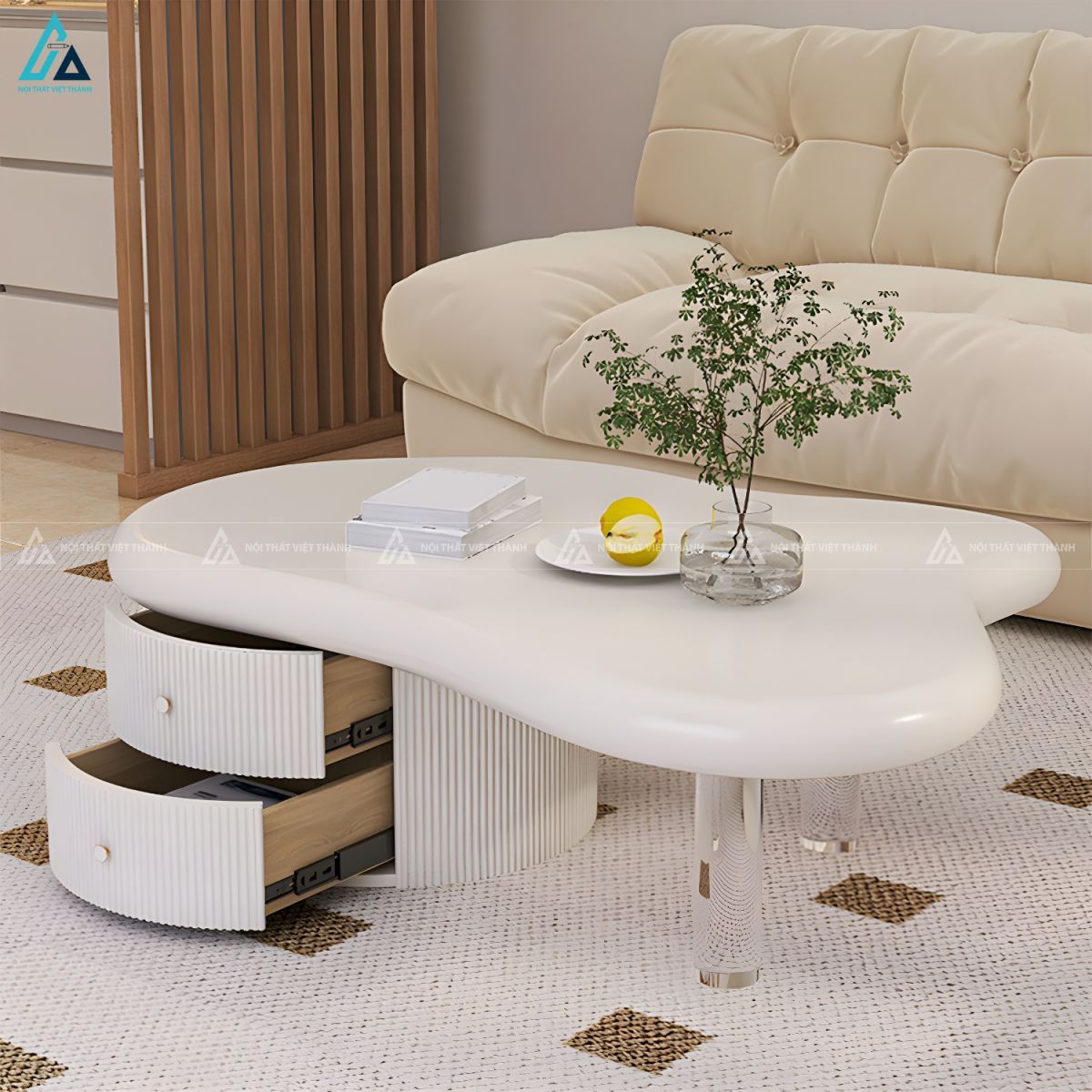 Bàn trà hình dáng tự nhiên thiết kế chân trụ trong suốt 5