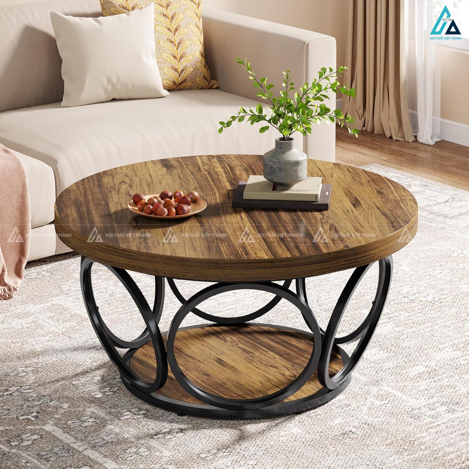 Bàn trà tròn chân vòng độc đáo kết hợp kệ để đồ tiện lợi