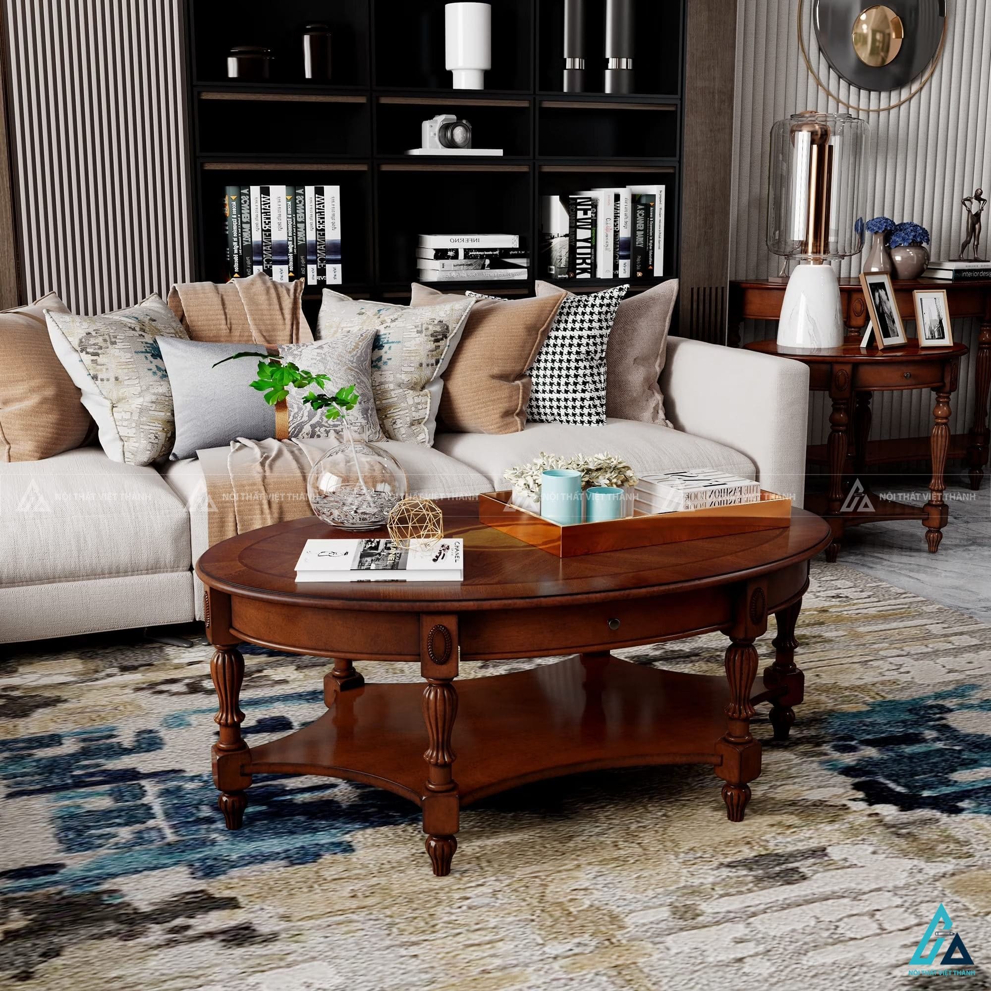 Bàn trà hình oval cổ điển có ngăn kéo tiện lợi cho phòng khách 1