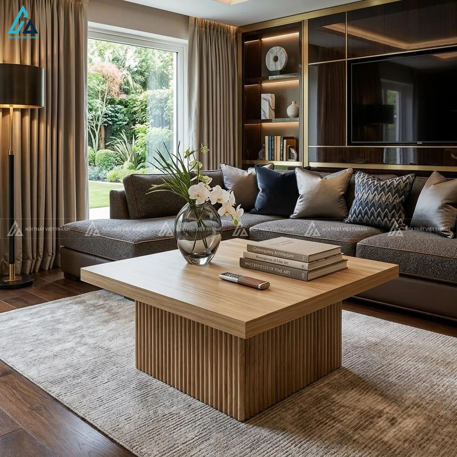 Bàn trà hình vuông chân nan gỗ thiết kế sang trọng hiện đại 7