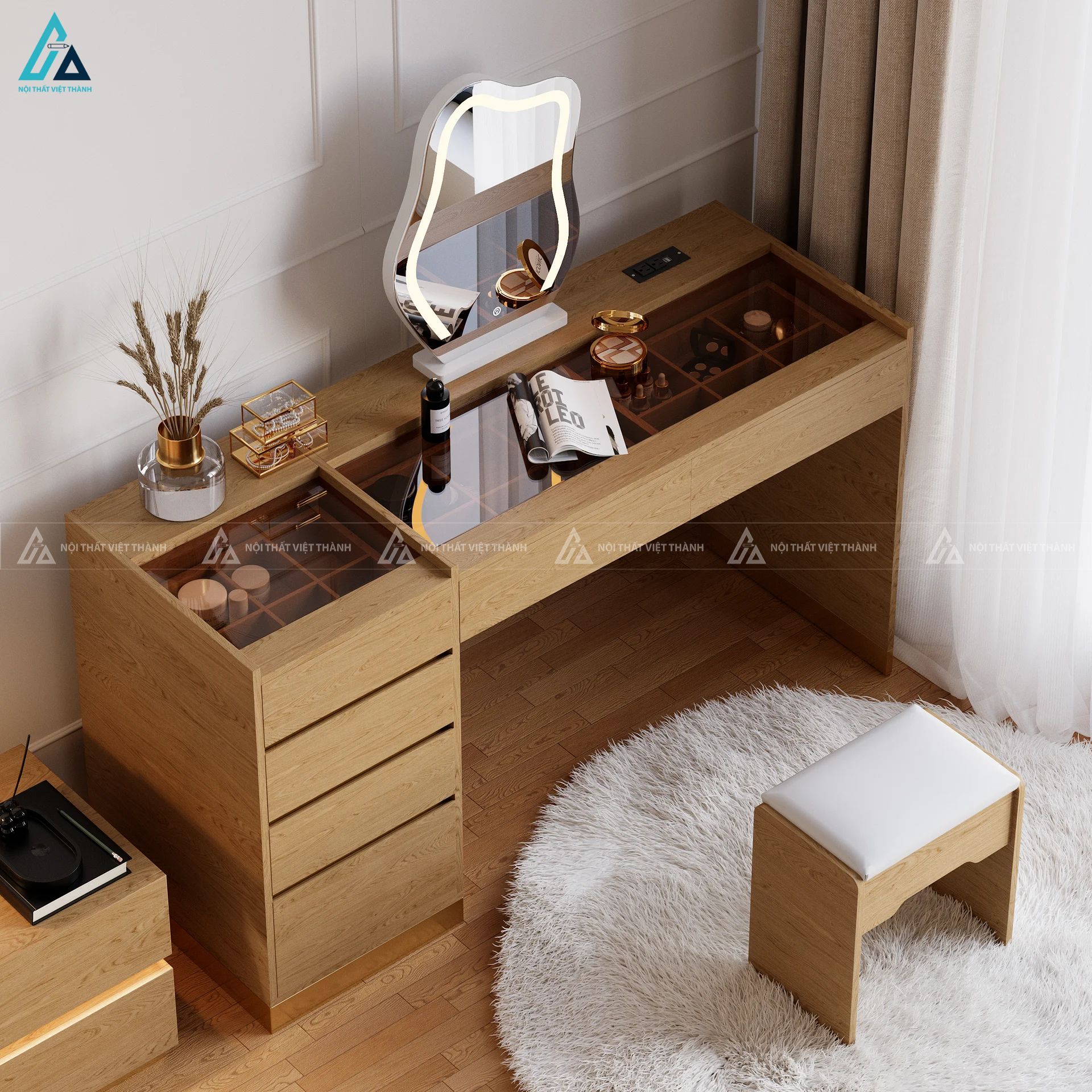 Bộ bàn trang điểm hiện đại thông minh có gương đèn led tiện dụng