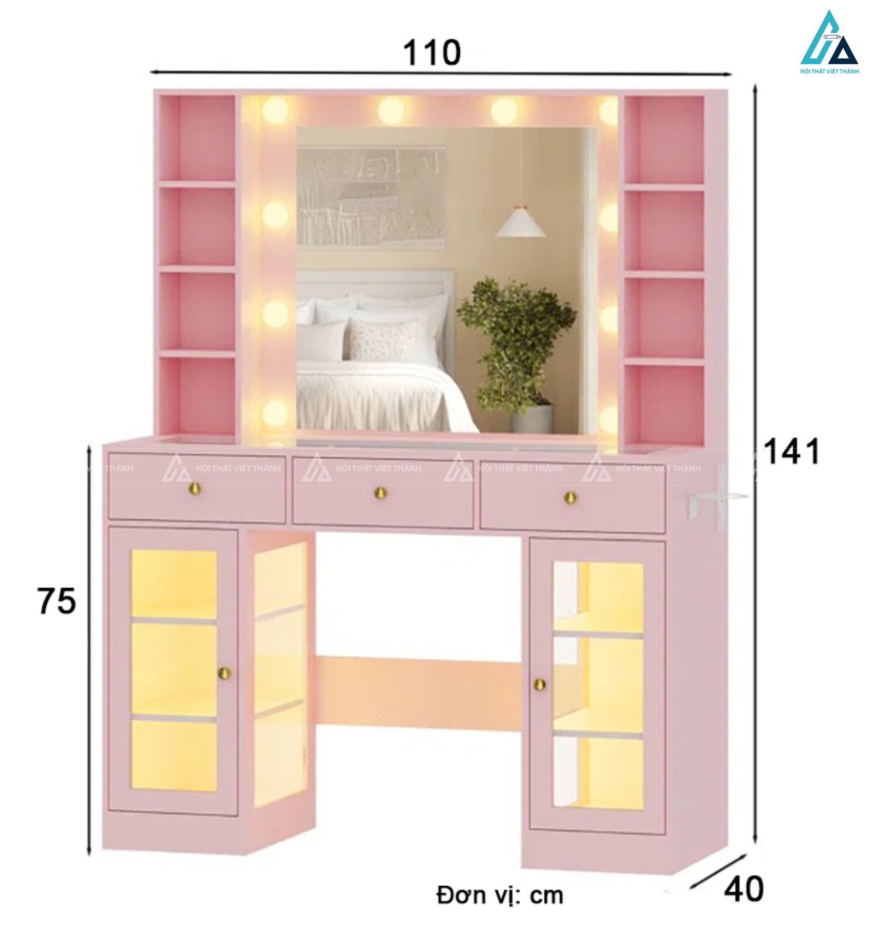 Bàn trang điểm hiện đại có gương đèn led kèm kệ để đồ tiện lợi 2