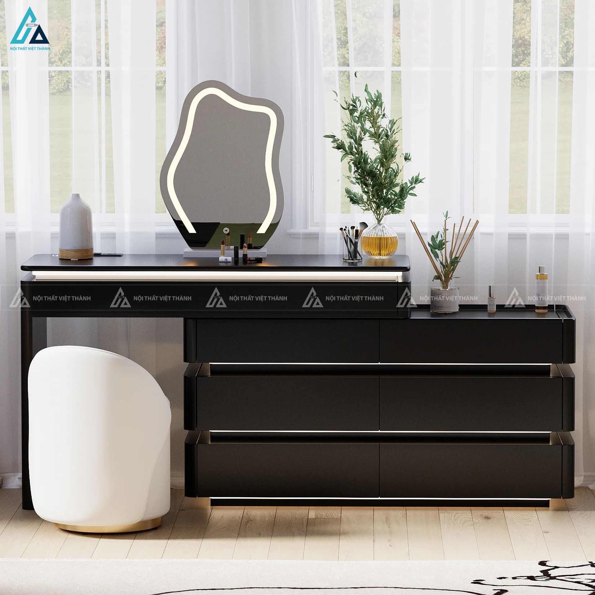 Bàn trang điểm thông minh tích hợp đèn led âm tủ hiện đại 1