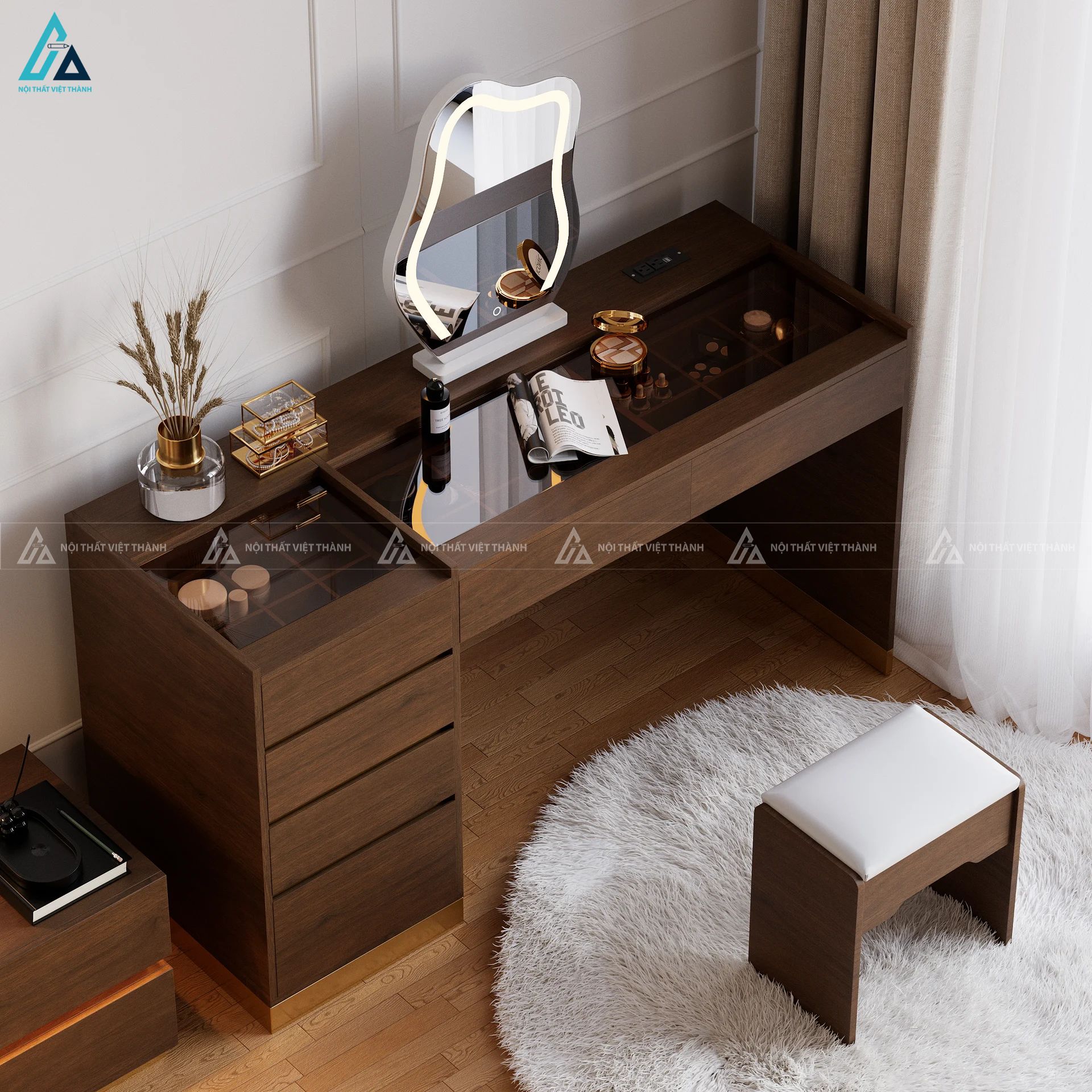 Bộ bàn trang điểm hiện đại thông minh có gương đèn led tiện dụng 1
