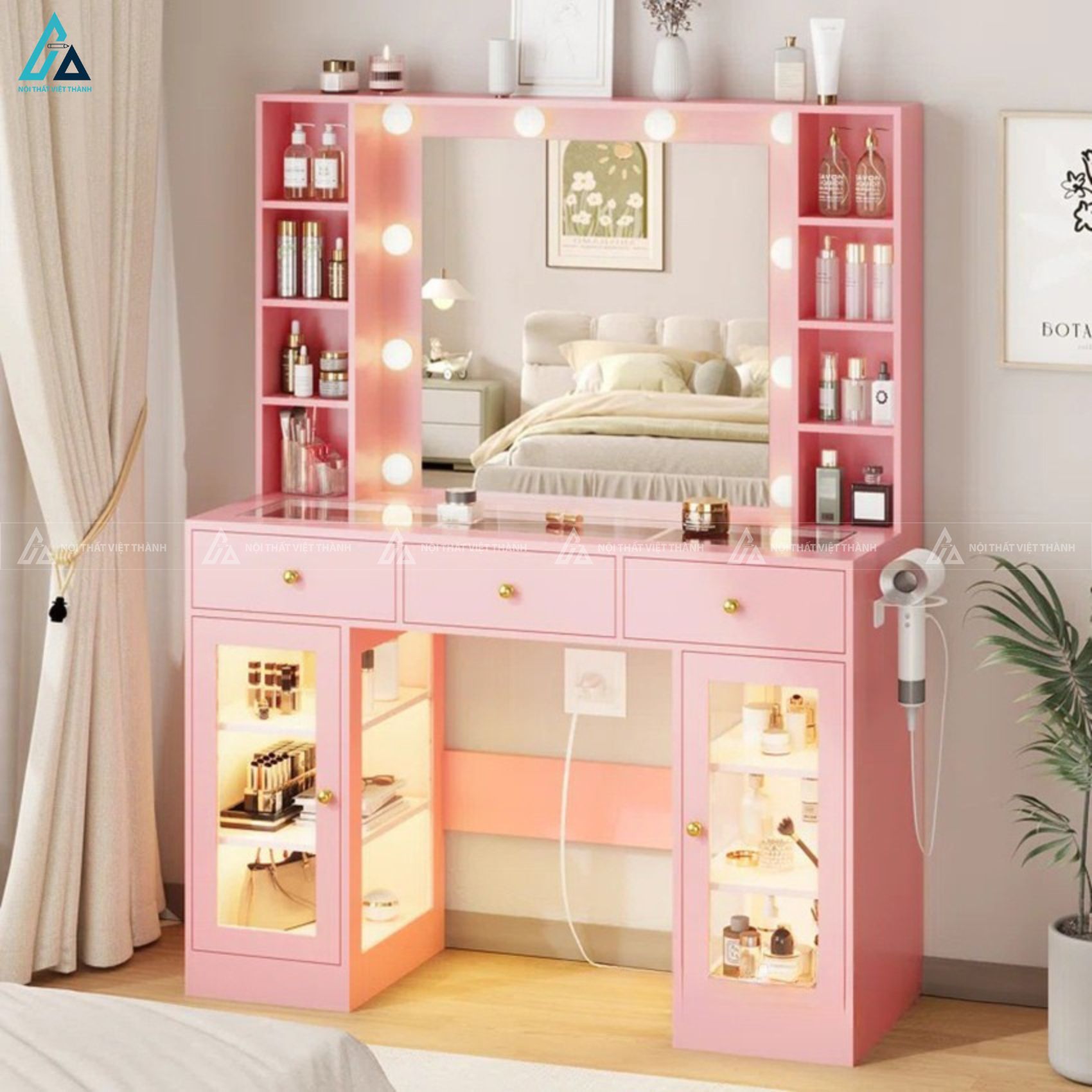 Bàn trang điểm hiện đại có gương đèn led kèm kệ để đồ tiện lợi 1
