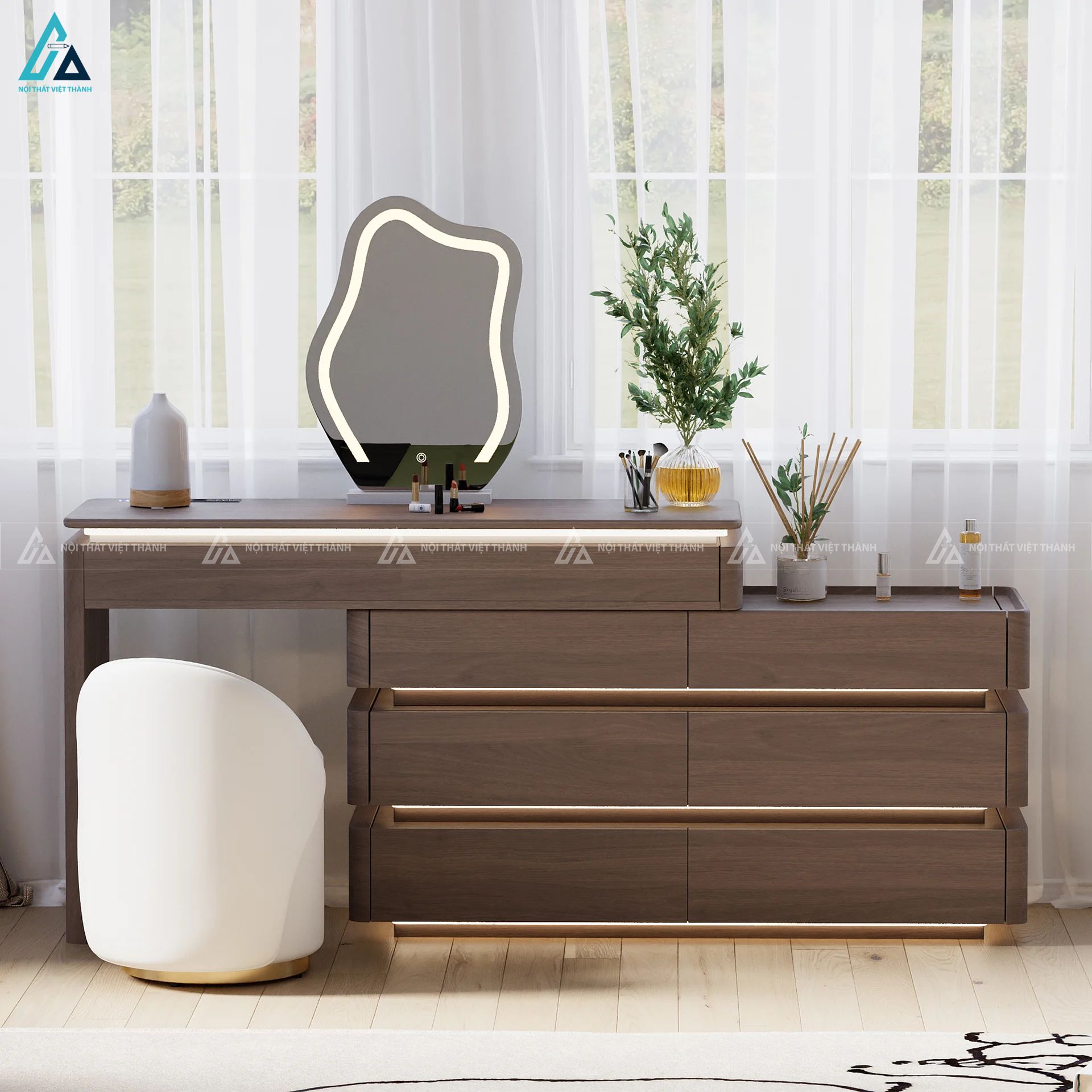 Bàn trang điểm thông minh tích hợp đèn led âm tủ hiện đại