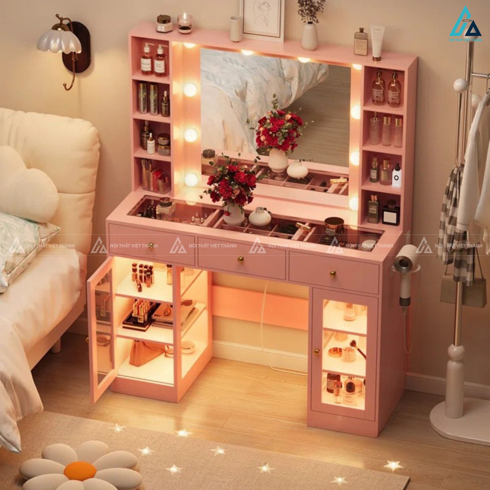 Bàn trang điểm hiện đại có gương đèn led kèm kệ để đồ tiện lợi 3