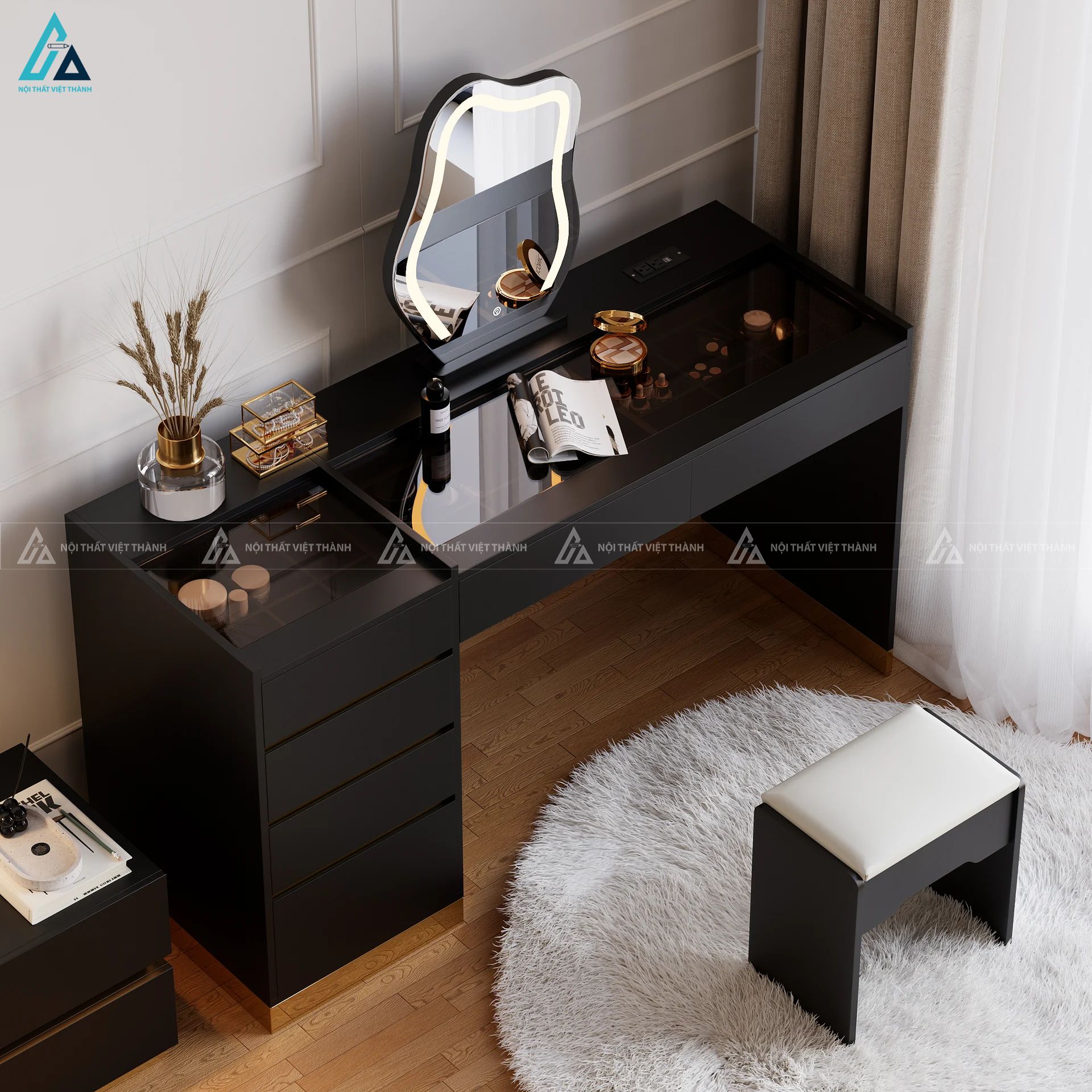 Bộ bàn trang điểm hiện đại thông minh có gương đèn led tiện dụng 2