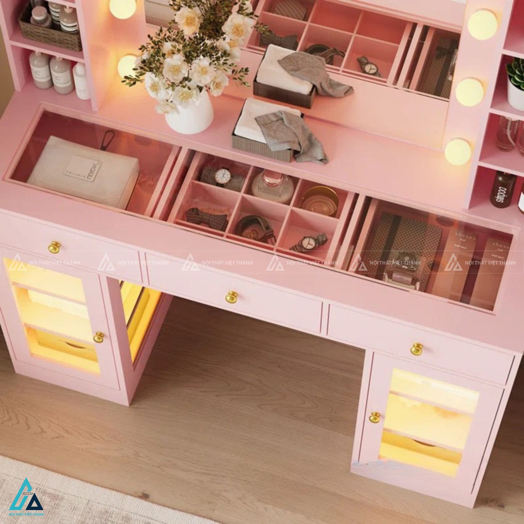 Bàn trang điểm hiện đại có gương đèn led kèm kệ để đồ tiện lợi 4