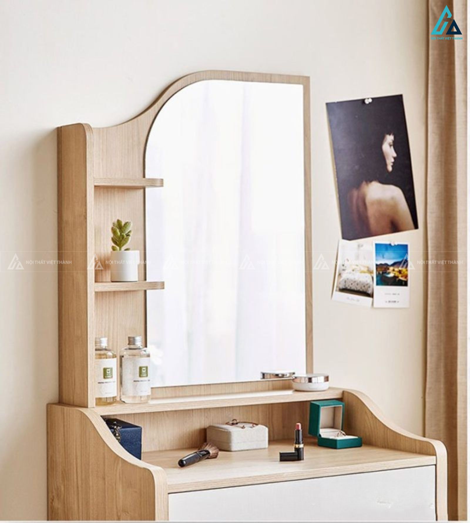 Bàn trang điểm gương vát góc có kệ đựng đồ tiện ích hiện đại 3