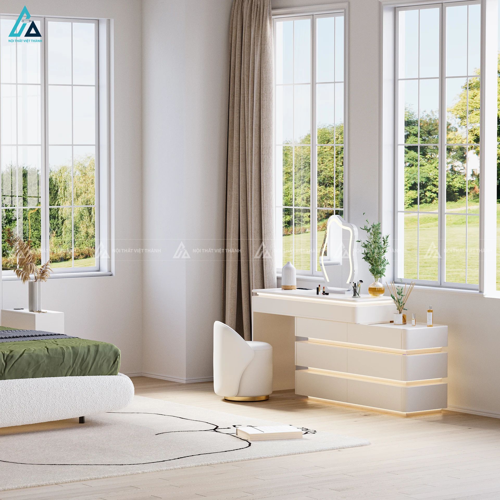 Bàn trang điểm thông minh tích hợp đèn led âm tủ hiện đại 7