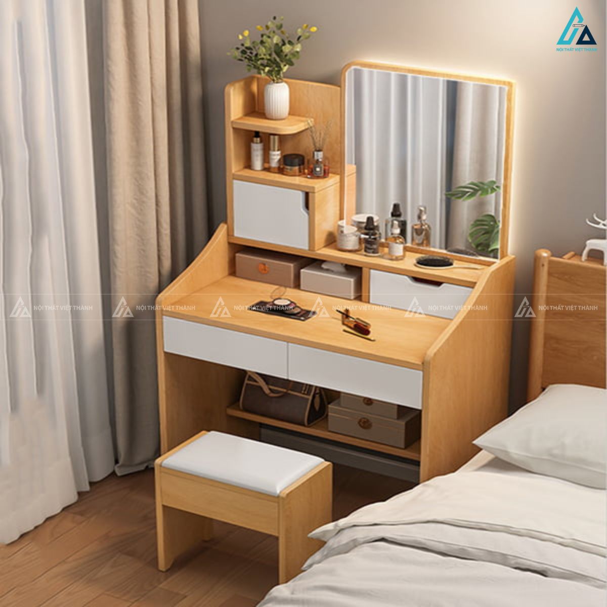 Bàn trang điểm thông minh tích hợp kệ để đồ và gương có đèn led