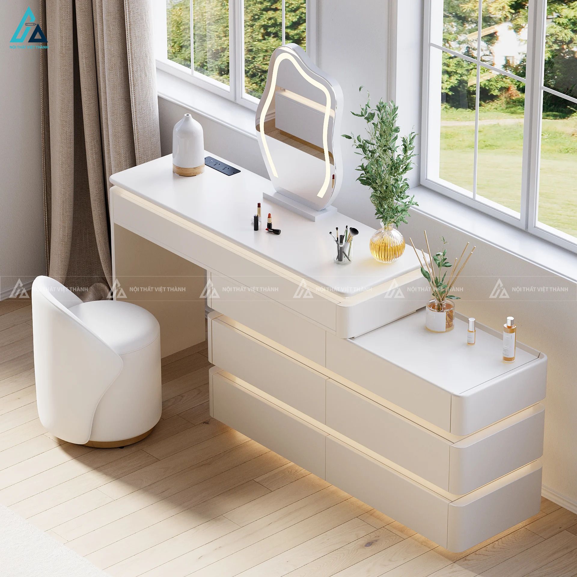 Bàn trang điểm thông minh tích hợp đèn led âm tủ hiện đại 2