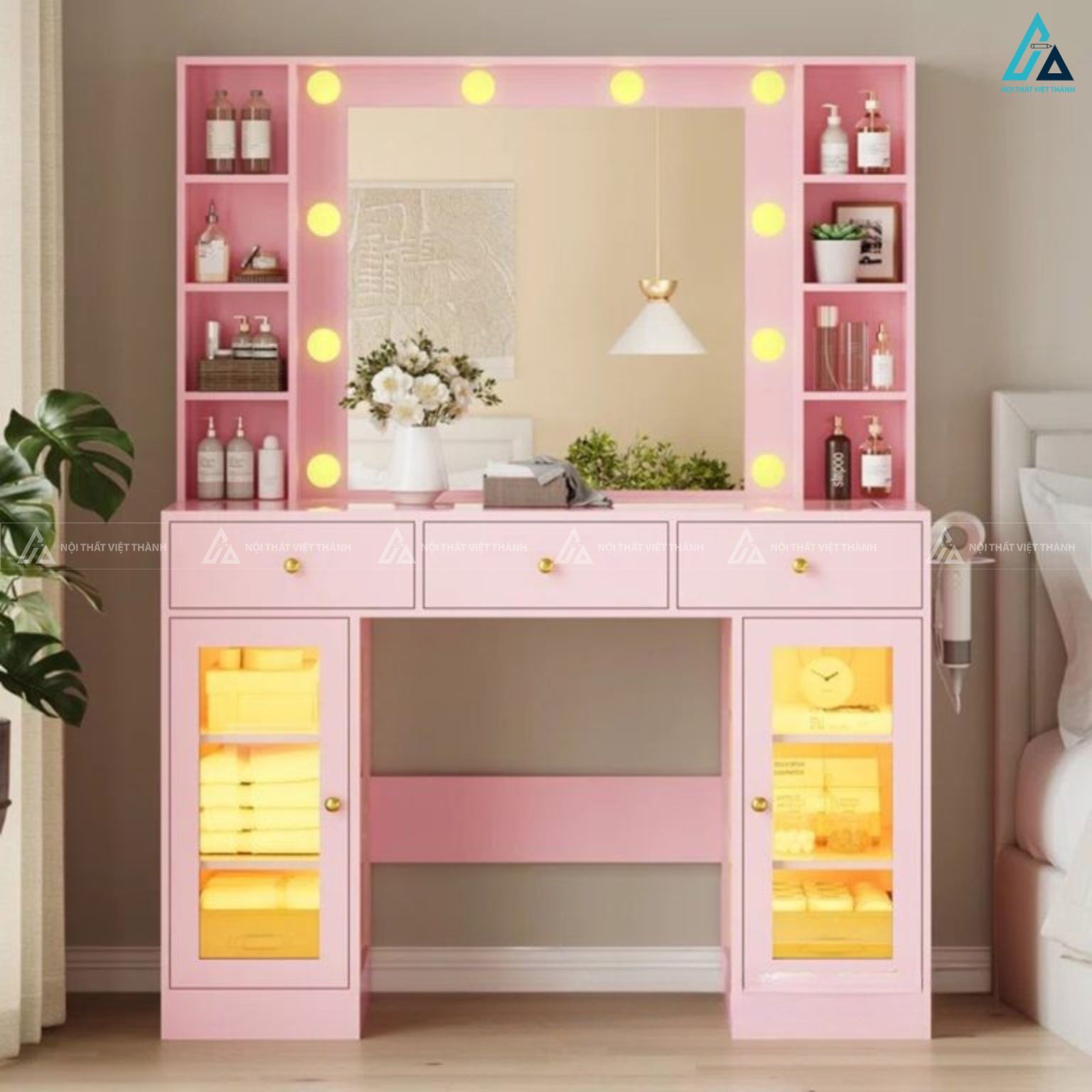 Bàn trang điểm hiện đại có gương đèn led kèm kệ để đồ tiện lợi