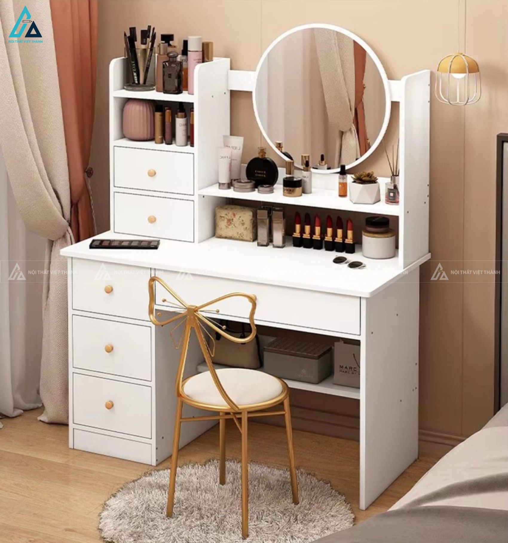 Bàn trang điểm đa năng có kệ lưu trữ và gương tròn hiện đại