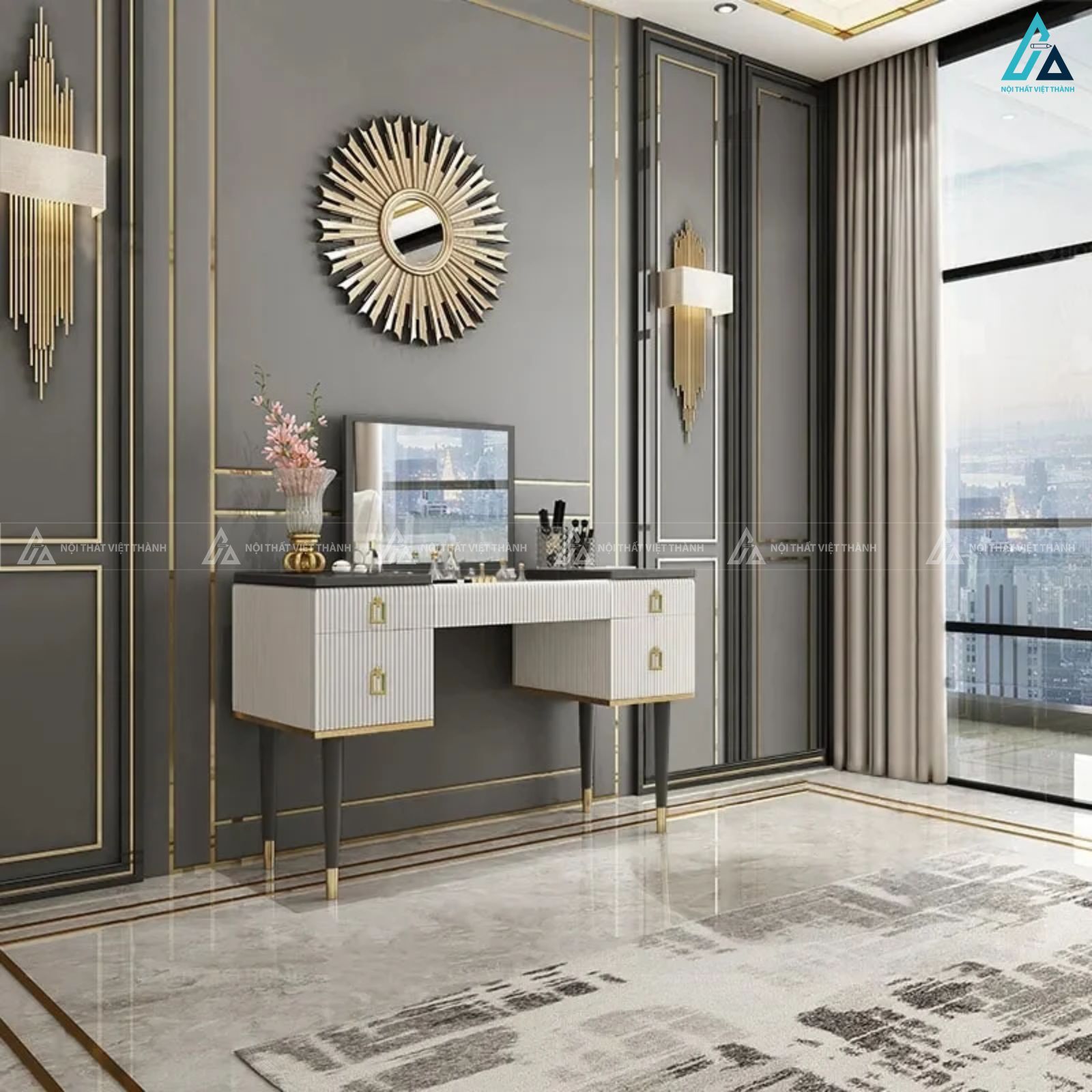 Bàn trang điểm hiện đại có gương lật thông minh nhiều ngăn kéo 4