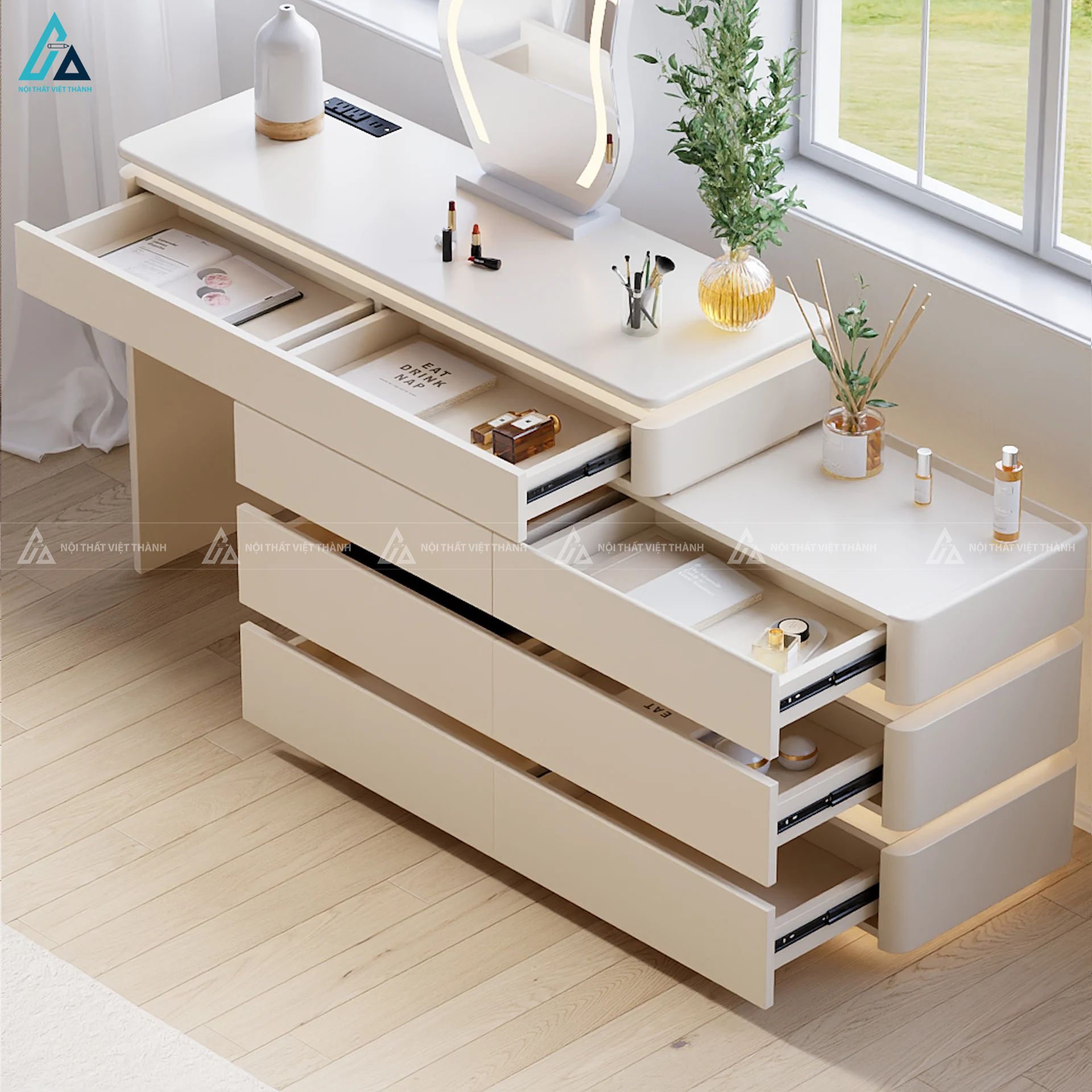 Bàn trang điểm thông minh tích hợp đèn led âm tủ hiện đại 3