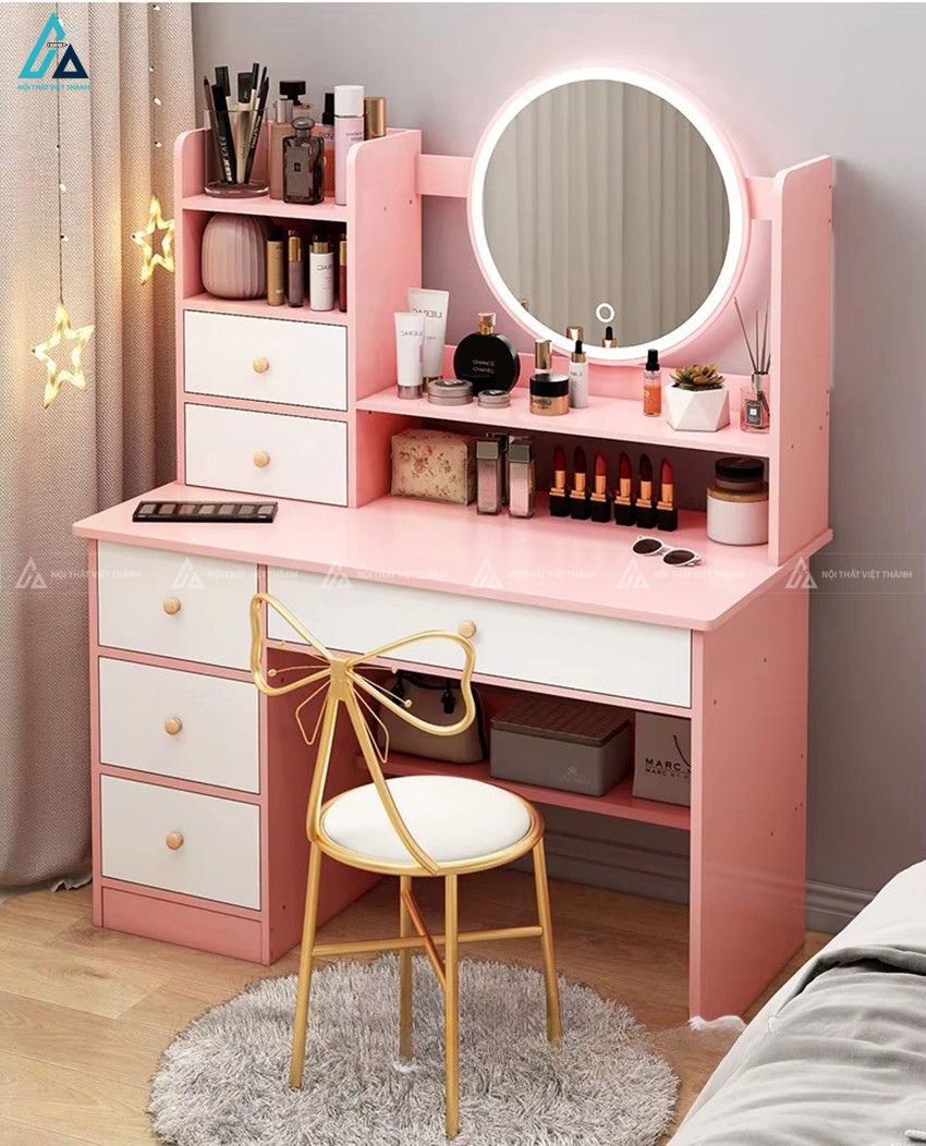 Bàn trang điểm đa năng có kệ lưu trữ và gương tròn hiện đại 5
