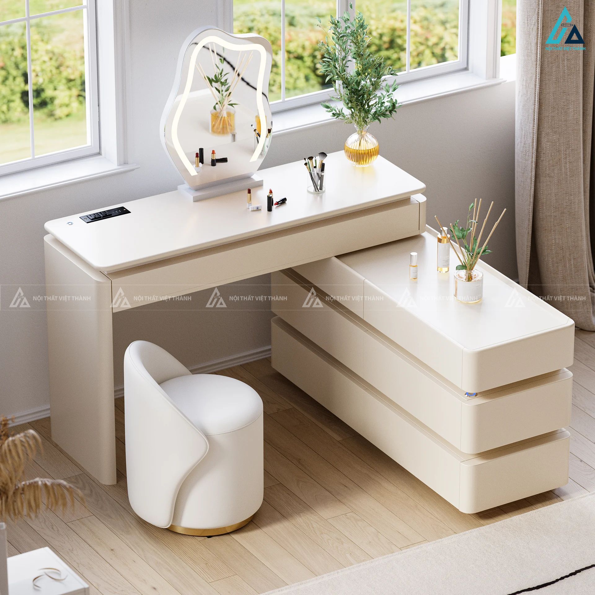 Bàn trang điểm thông minh tích hợp đèn led âm tủ hiện đại 4