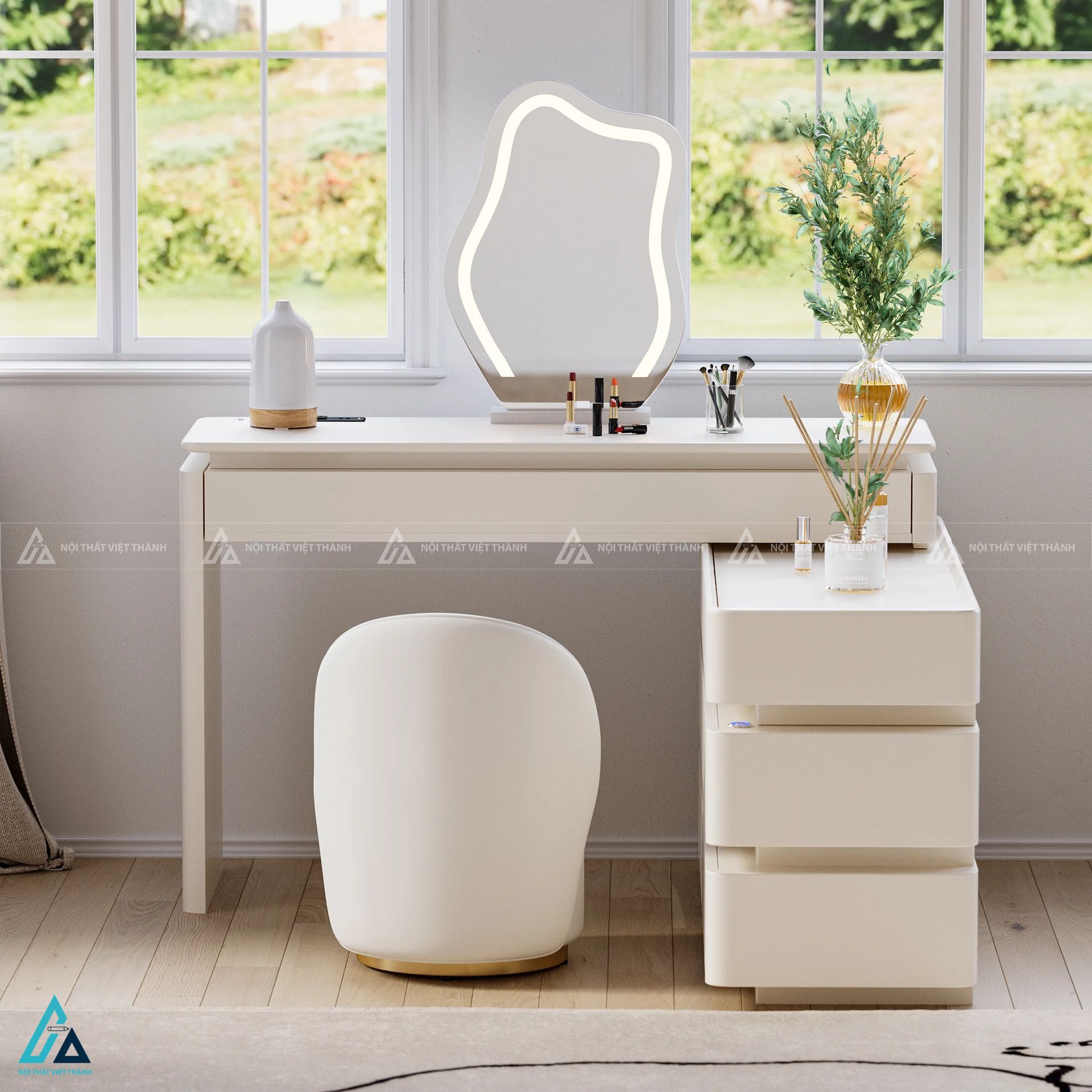 Bàn trang điểm thông minh tích hợp đèn led âm tủ hiện đại 5
