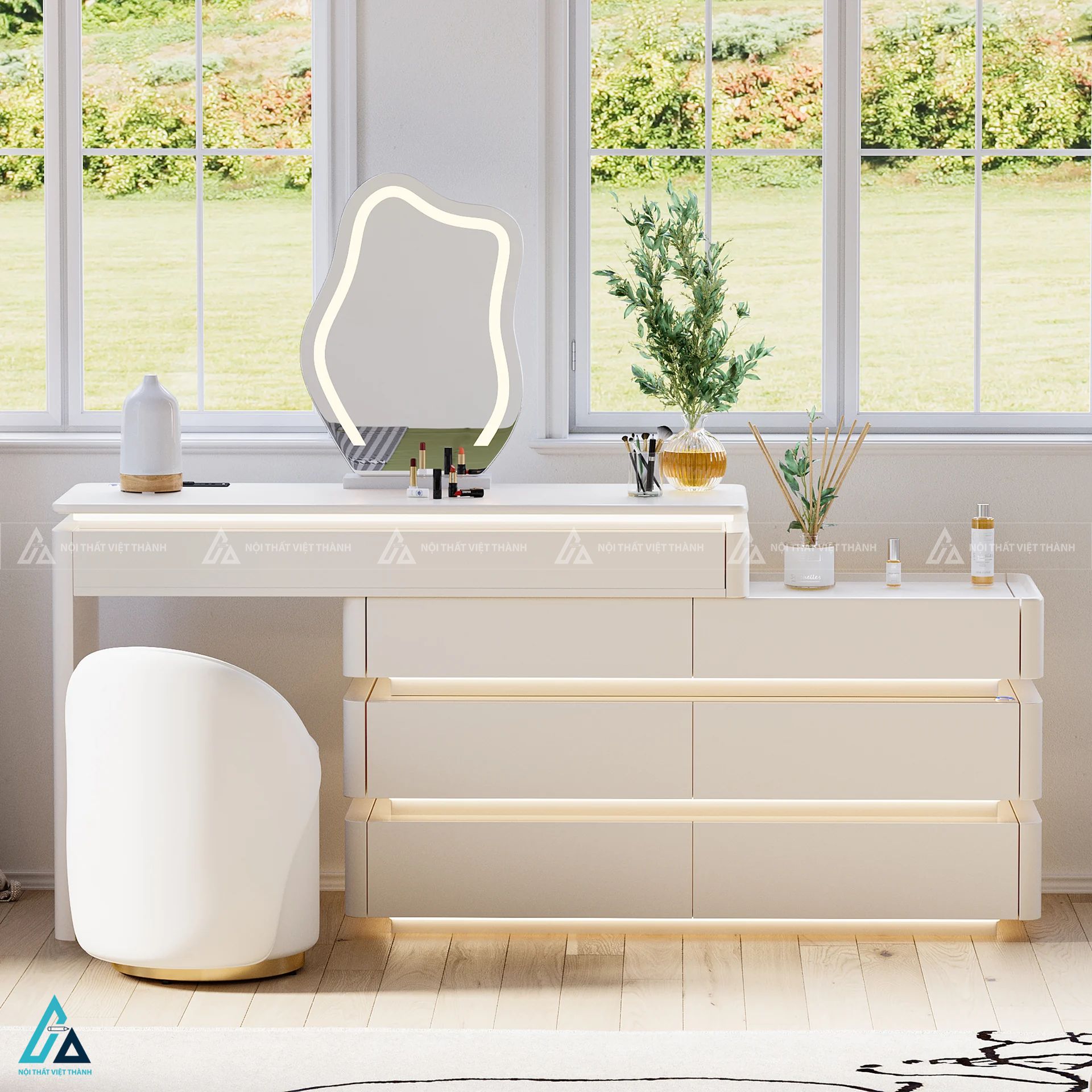 Bàn trang điểm thông minh tích hợp đèn led âm tủ hiện đại 6