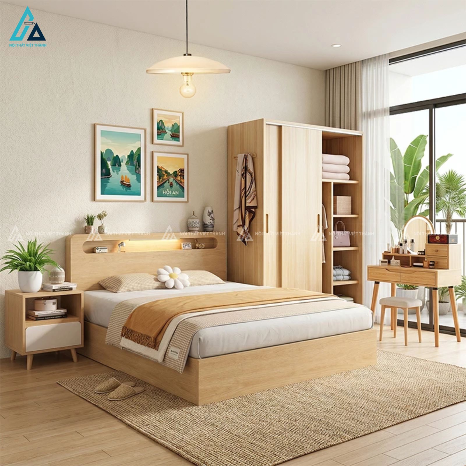 Combo phòng ngủ tích hợp tủ cánh lùa và bàn trang điểm nhỏ gọn
