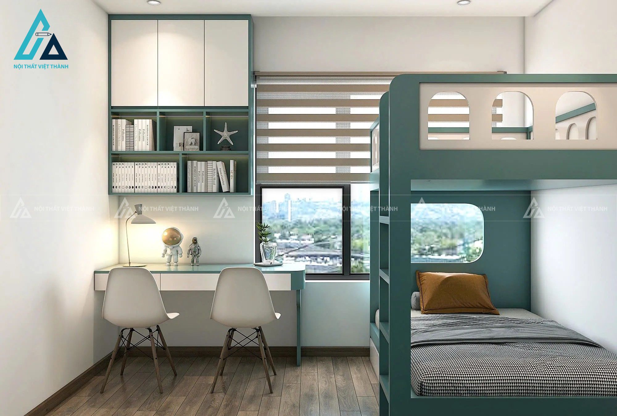 Combo phòng ngủ thông minh tích hợp giường tầng và hệ tủ kệ đa năng nhỏ 1